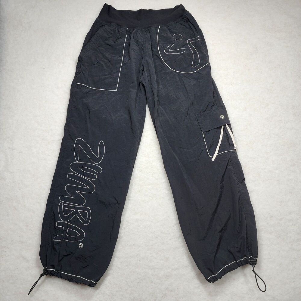 VTG Zumba Parachute Pants Tassel Sz L Dance Elastic Waist Drawcord Black (3324)